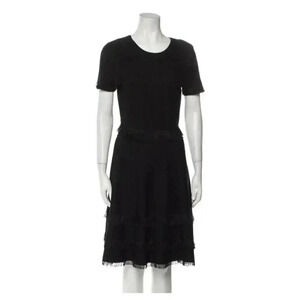 Milly Black Short Sleeve Fit & Flare Fringe Detail‎ Ribbed Dress Zip Back Size P